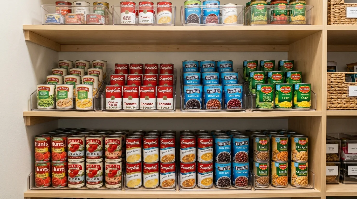 Neatly organized canned goods in pantry